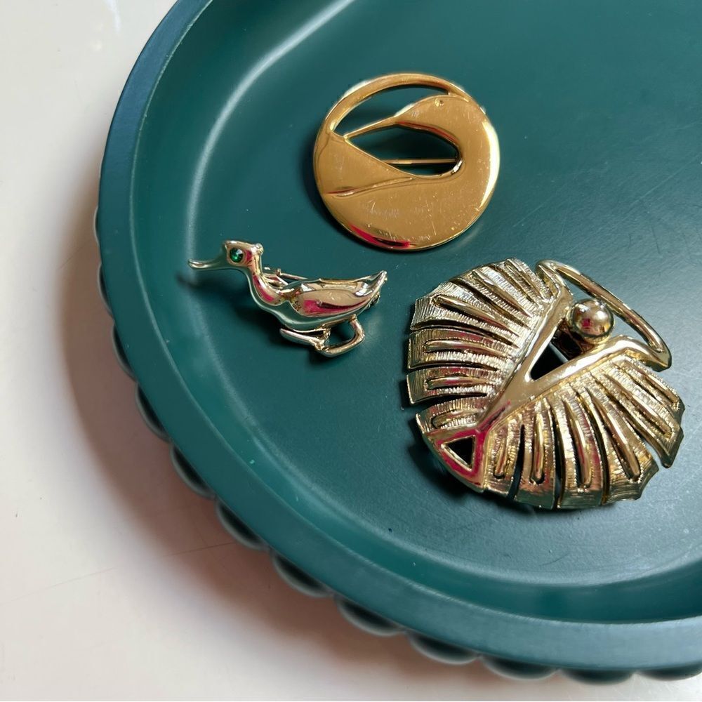 Vintage 3 Piece 1980s Gold Duck Loon Leaf Brooch Pin Lot